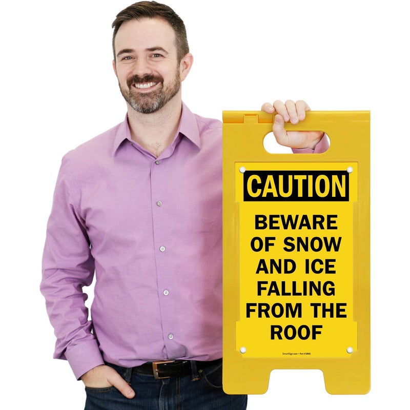 SmartSign 25 x 12 inch â€œCaution - Beware Of Snow And Ice Falling From The Roofâ€ Two-Sided Folding Floor Sign, Digitally Printed Polypropylene Plastic, Black and Yellow, Made in USA - Image 2
